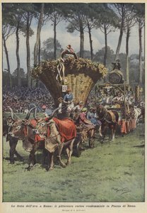 Het druivenfeest in Rome, de schilderachtige oogststoet op Piazza di Siena door Achille Beltrame