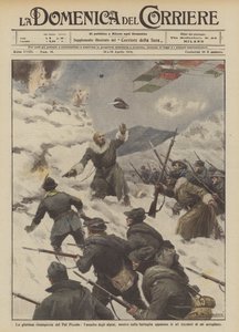 De glorieuze herovering van de Pal Piccolo, de aanval van de alpini, terwijl de strijd woedt door Achille Beltrame