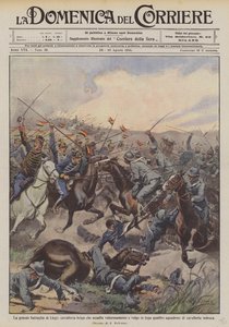 De grote slag om Luik, Belgische cavalerie die dapper aanvalt en vier Duitse regimenten op de vlucht jaagt door Achille Beltrame