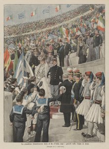 De grootse demonstratie voor de koning van Italië na de spelen in het stadion van Athene door Achille Beltrame