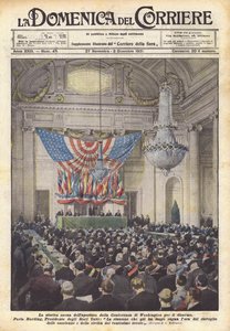 De historische scène van de opening van de Washington-conferentie voor ontwapening