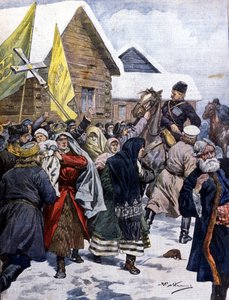 Bijgeloof in Rusland: de politie probeert de sekte van de nieuwe christenen te verspreiden. Illustratie van Beltrame. La Domenica del Corriere. 1901. door Achille Beltrame