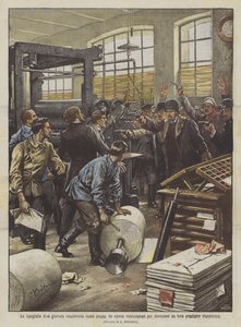 De drukkerij van een reactionaire Russische krant bezet door revolutionaire arbeiders om hun eigen krant te drukken