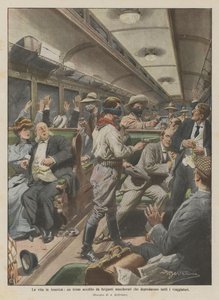 Het leven in Amerika, een trein overvallen door gemaskerde bandieten die alle reizigers beroofden door Achille Beltrame