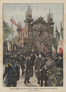De aankomst van de vorsten en autoriteiten op het Exercitieplein voor de opening van het andere deel van de Tentoonstelling