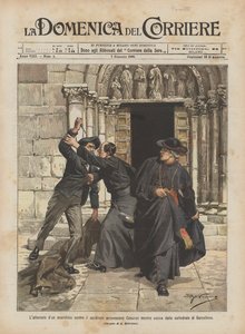 De aanslag van een anarchist op kardinaal aartsbisschop Casanas terwijl hij de kathedraal van Barcelona verliet door Achille Beltrame