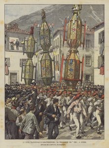 De traditionele en karakteristieke feesten, de kaarsenprocessie in Gubbio door Achille Beltrame