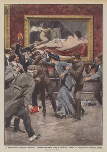De aberraties van het vrouwenkiesrecht, suffragette snijdt de Venus met een mes