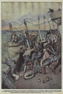 De Duitse aanvallen op hospitaalschepen, de ondergang van de Lanfrane door Achille Beltrame