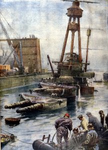 Het Duitse slagschip Hindenburg, gezonken bij Scapa Flow in Schotland, is weer aan de oppervlakte gekomen dankzij de Engelse vloot na 7 jaar op de bodem van de oceaan. Illustratie van Beltrame. La Domenica del Corriere door Achille Beltrame