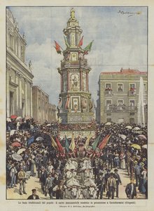 De traditionele volksfeesten, de monumentale wagen in processie naar Casteltermini (Girgenti) door Achille Beltrame