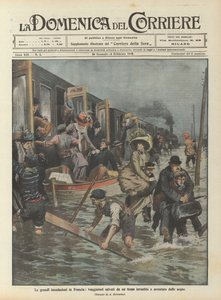 De grote overstromingen in Frankrijk, reizigers gered van een trein getroffen en gestopt door het water