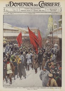 De grote arbeidersdemonstraties, optocht van 100.000 arbeiders in Sint-Petersburg tijdens een herdenkingsstaking