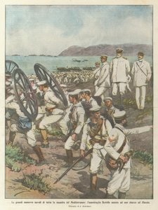 De grote marine-oefeningen van de hele Middellandse Zeevloot, admiraal Bettolo woont een door Achille Beltrame