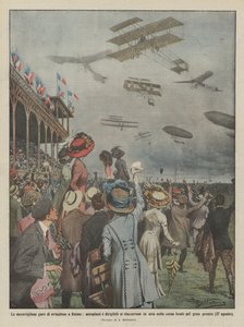De wonderbaarlijke luchtvaartwedstrijden in Reims, vliegtuigen en luchtschepen achtervolgen elkaar in de lucht