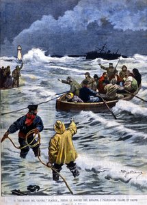 Het schipbreuk van de stoomboot Planier nabij de monding van de Rhône: de reddingsdiensten brengen de passagiers terug. Illustratie van Beltrame. La Domenica del Corriere. 1901. door Achille Beltrame