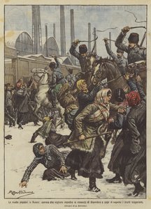 De volksopstanden in Rusland, arbeidersvrouwen die willen voorkomen dat de Kozakken hen met geweld verdrijven