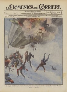 De rampen van de Duitse luchtvloot, het nieuwe krachtige luchtschip Zeppelin brandt en stort neer