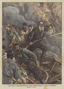 Leo Tolstoj, de grote Russische schrijver, die een brand blust in een ziekenhuis in Bogoroditsk