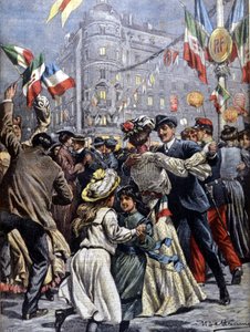 De vorsten van Italië in Parijs: de volksfeesten in de straten. Illustratie van Beltrame. La Domenica del Corriere. 1903.