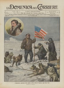 De Amerikaanse ontdekkingsreiziger Cook plant de vlag van de Verenigde Staten op de Noordpool