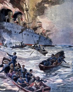 De brand van het stoomschip Vittoria in Alicante. Illustratie door Beltrame. La Domenica del corriere. 1899. door Achille Beltrame
