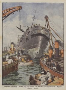 De kruiser San Giorgio vastgelopen op de rotsen bij de punt van Posillipo