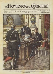 De tsaar Nicolaas II ondertekent het decreet betreffende het verbeteringsproject van de instellingen van het rijk