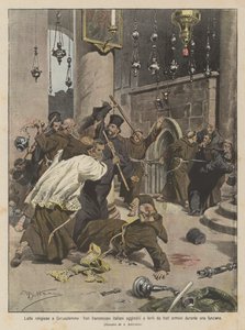 Religieuze gevechten in Jeruzalem, Italiaanse franciscaanse monniken aangevallen en gewond door Armeense monniken tijdens een ceremonie door Achille Beltrame