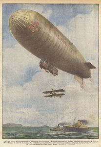 De laatste nieuwigheid in de luchtvaart, het luchtschip dat vliegtuigen vervoert