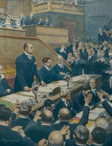 Benito Mussolini (1883-1945). Italiaanse fascistische politicus, leider van Italië (1925-1943). Mussolini kondigt de alliantie aan tussen de vier westerse machten aan de Senaat. Achille Beltrame (1871-1945) van La Domenica del Corriere, 7 juni door Achille Beltrame