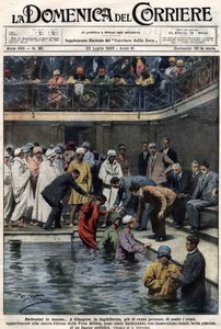 Massadoop: In Glasgow, Schotland, werden meer dan honderd mensen, leden van de nieuwe True Bible Church, gedoopt in het gemeentelijk zwembad. Illustratie door Beltrame. La Domenica del Corriere. 22/07/1928