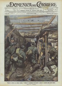 Terwijl een vijandelijke aanval zich aftekent, haasten de versterkingen zich uit de schuilplaatsen en rennen naar de loopgraven door Achille Beltrame