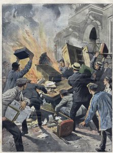 Midi-wijncrisis in 1907: wijnboeren steken het stadhuis van Béziers (Hérault) in brand. Illustratie van Achille Beltrame uit 1907. door Achille Beltrame