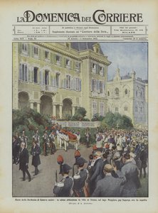 Dood van de hertogin van Genua, de moeder, het lichaam verlaat de villa van Stresa, aan het Lago Maggiore door Achille Beltrame