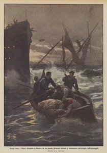Trieste kerst, zeilschip gezonken in Genua door een groot Duits stoomschip en dramatische redding van de bemanning