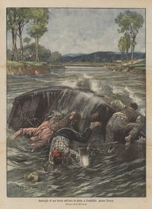 Schipbreuk van een boot in de volle Arno, bij Compiobbi in de buurt van Florence