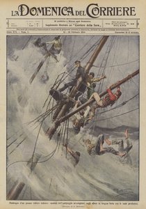 Schipbreuk van een groot Duits zeilschip, bemanningsleden klimmen in de masten in tragische omstandigheden
