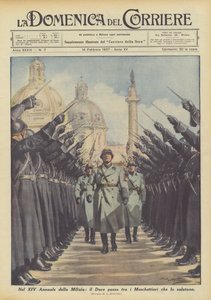 Op de XIV Jaarlijkse Militie, de Duce loopt tussen de Musketiers die hem groeten