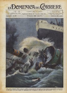 In de haven van New York, door de mist, botste een stoomschip tegen een sleepboot en brak het ? door Achille Beltrame