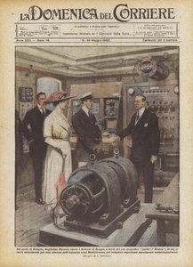 In de haven van Sevilla ontvangt Guglielmo Marconi de Spaanse vorsten aan boord van zijn prachtige schip door Achille Beltrame