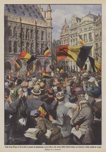 Op het Grote Marktplein van Brussel juicht en treurt het volk bij het nieuws van de Belgische overwinning op de Duitsers en de val van Luik