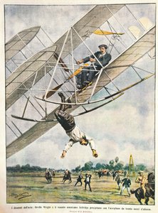 Orville Wright en luitenant Seliridge storten neer met tweedekker vanaf dertig meter, Verenigde Staten van Amerika, illustratie door Achille Beltrame uit La Domenica del Corriere, 11 oktober door Achille Beltrame