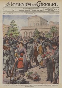 Vertrek van de heroïsche 2e Bersaglieri uit Napels naar Ancona, dames en vrouwen versieren de soldaten met bloemen