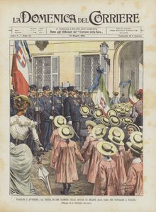 Verleden en toekomst, het bezoek van 1500 schoolkinderen uit Milaan aan het veteranenhuis in Turate door Achille Beltrame
