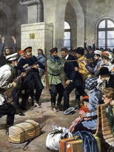 Passagiers werden aangevallen op een treinstation in Europa door rovers en beroofd in de wachtkamer. Ill. de Beltrame. La Domenica del Corriere. 07/1909
