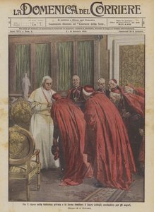 Pius X ontvangt in de privébibliotheek en in familiale vorm het Heilige College van kardinalen voor de wensen