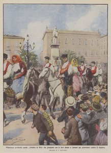 Kleurrijke Sardijnse rit, inwoners van Ittiri die met hun vrouwen naar Sassari komen