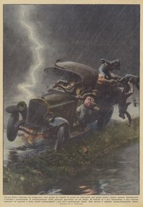 Bij Siena, tijdens een storm, werd een vrachtwagen vol geraakt door een bliksemschicht door Achille Beltrame