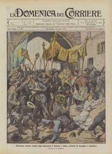 Religieuze processie aangevallen door antiklerikalen van Fabriano en verdedigd en beschermd door bersaglieri en carabinieri door Achille Beltrame